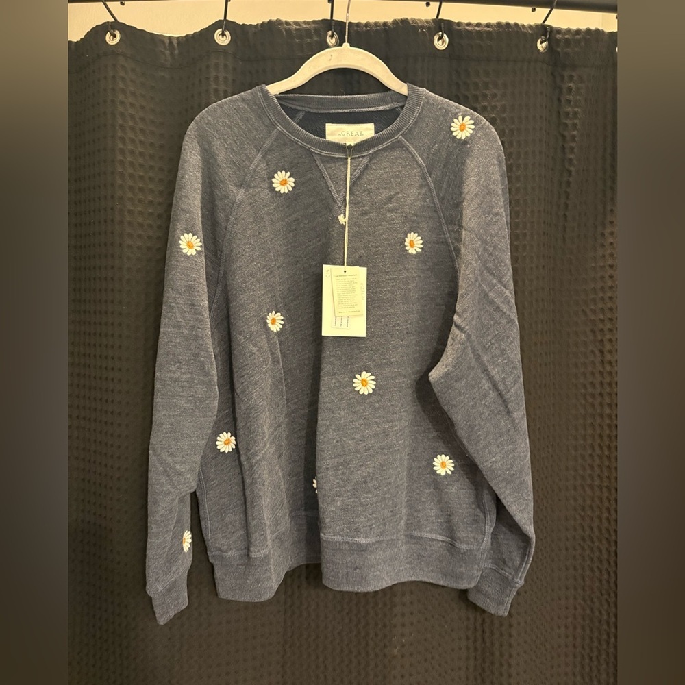 THE GREAT. THE SLOUCH SWEATSHIRT W/ DAISY EMBROIDERY HEATHERED VINTAGE BLUE NWT - Picture 4 of 7